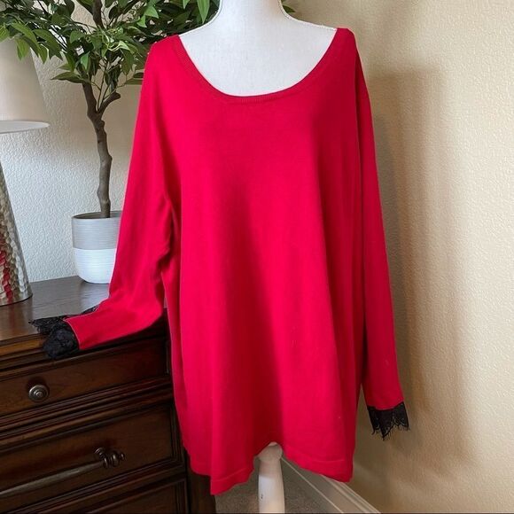 Lane Bryant Red Sweater Pullover with black lace cuff 26/28 - Picture 3 of 5
